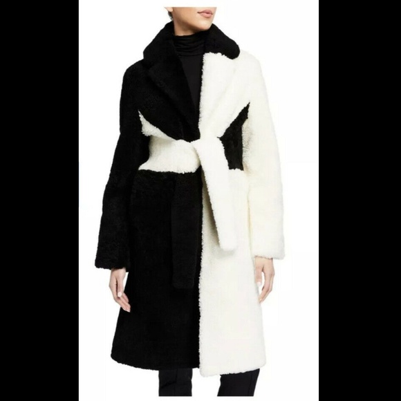 NWT Saks Potts Shearling Wrapis Long Coat B&W